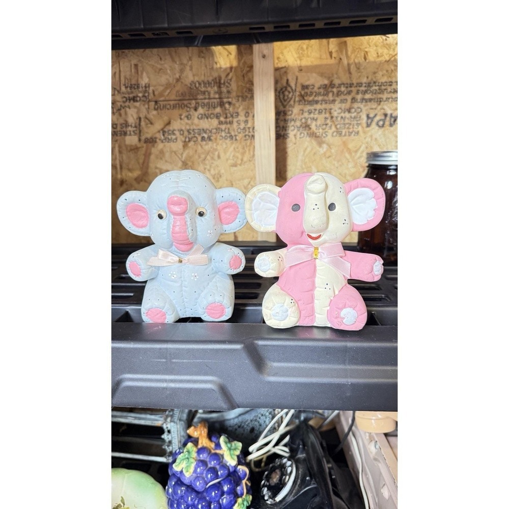 2 Vintage Lefton Ceramic Elephant Piggy Banks Pink And‎ Blue